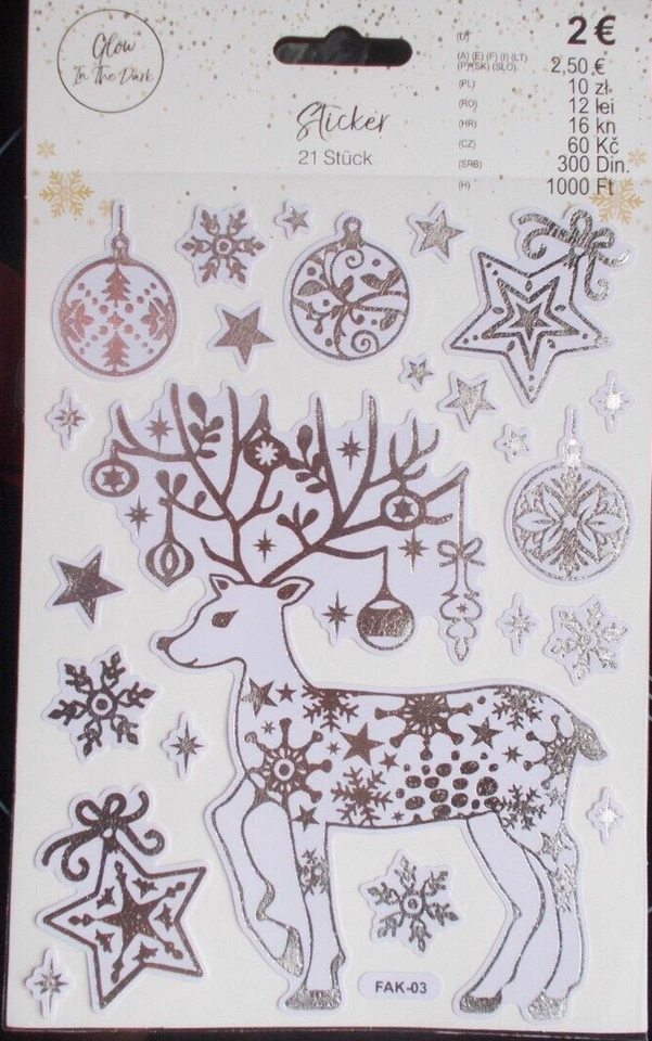 21 Sticker Weiß Silber Hirsch Kugeln Schneeflocken Trägerfolie 14,5x19,5 cm - Bild 1 von 1