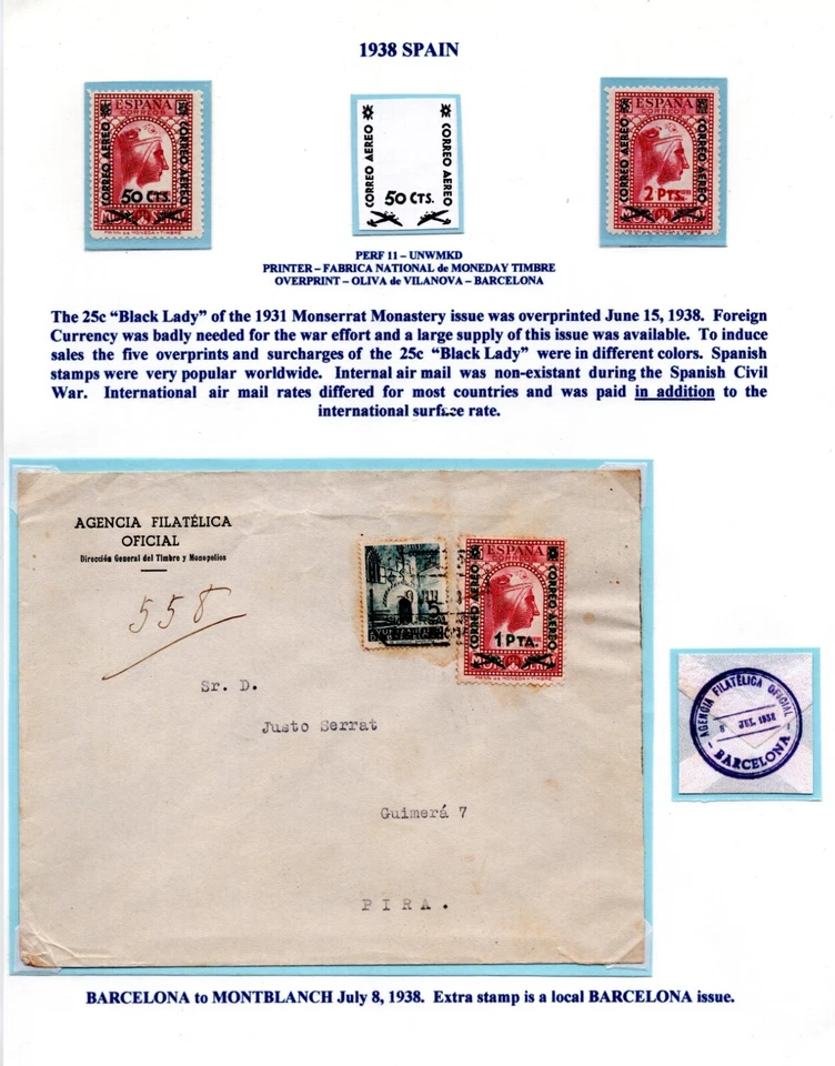 SPAIN 1938 CIVIL WAR PERIOD BARCELONA TO MONTBLANC FRANKED AIRMAIL SC. C93 - Image 1 of 3