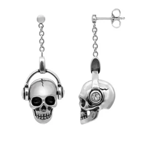 Skull Earrings Headphone Pendant with Two White Crystal by Controse - Picture 1 of 6