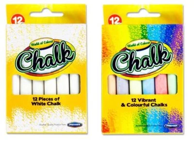 PREMIER Pack de 12 palos de tiza blancos o de colores arte escolar pizarra pavimento
