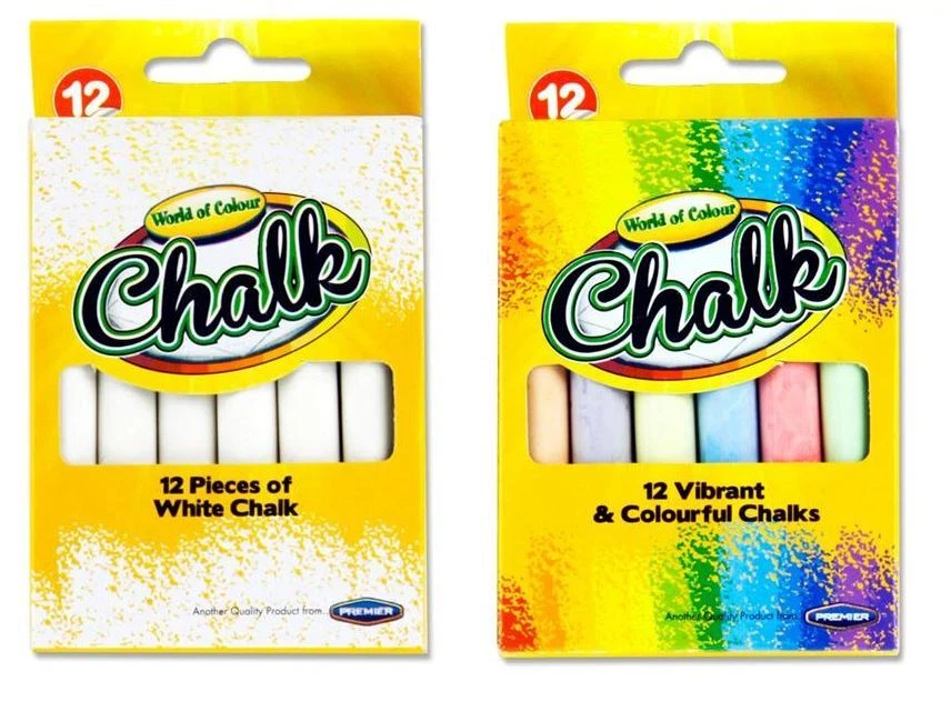 PREMIER Pack de 12 palos de tiza blancos o de colores arte escolar pizarra pavimento