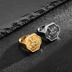 Saint St Michael Archangel Ring Stainless Steel Gold / Silver for Men Size 8-13 - Picture 1 of 15