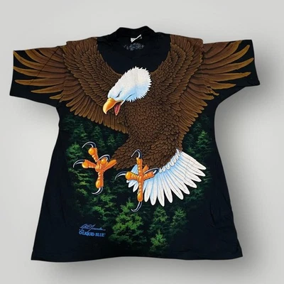 复古液体蓝色衬衫男式大号秃鹰全印花美国制造 90 年代 — 第 1/4 张图片