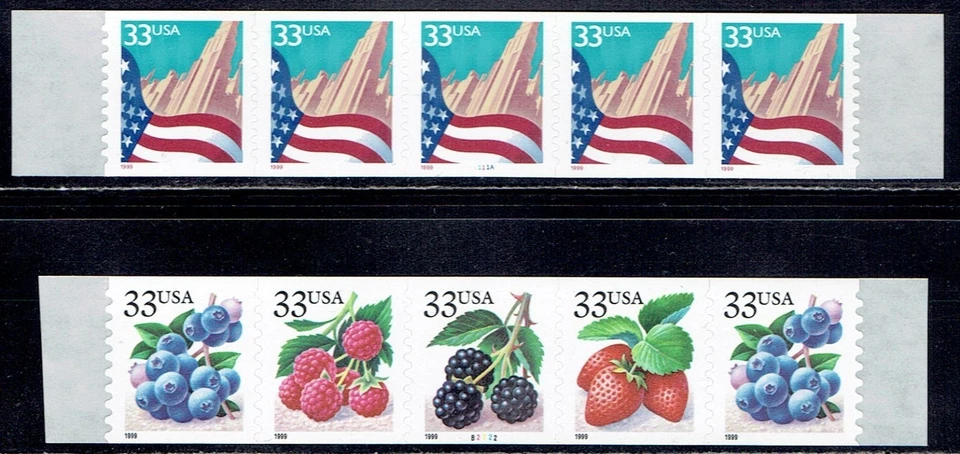 US #3281 and #3305a MNH Plate # coil strips from 1999 - Image 1 of 1