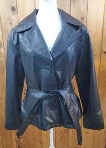 Wilsons Leather Jacket Womens L Black Belted Short Trench Coat - Picture 1 of 16