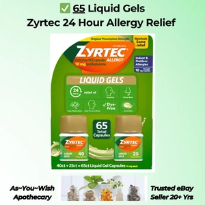Zyrtec 24-Hour Allergy Relief 10mg Cetirizine HCl 65 Liquid Gels – Antihistamine - Picture 1 of 3