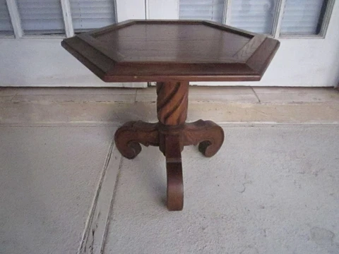 Vintage Octagonal end table hand carved wood Dark tone Cover