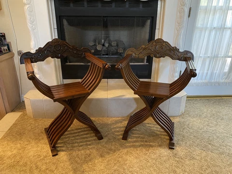 2 Savonarola Throne Chairs Carved Wood Folding ITALIAN 1970s Cover