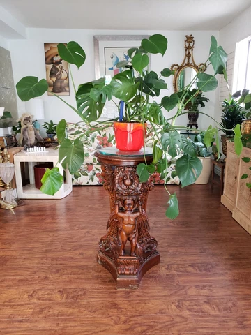 Vintage Hand Carved Cherub Angel Lions Dark Red Wood Granite Top Plant Stand Cover
