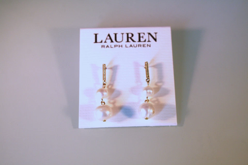 Pendientes colgantes dobles Ralph Lauren tono dorado barra retorcida y perlas genuinas 1 3/8" Foto 1 de 2