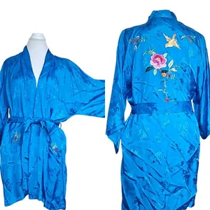 Vintage Chinese Kimono Robe M Satin Blue Embroidered Flowers Bird Bed Jacket - Picture 1 of 16