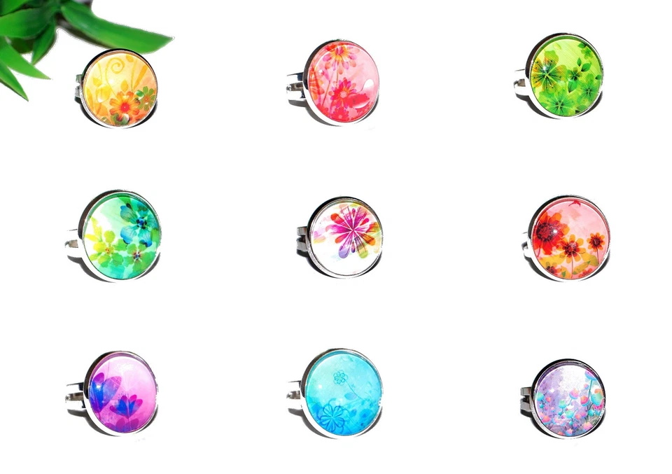 FLOWER ART +++ AUSWAHL+++ Fingerring silber verstellbar Cabochon bunt Blumen - Bild 1 von 1