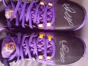LEBRON JAMES 23 LAKERS SIGNED PURPLE GOLD NIKE RETRO SHOES HOLOGRAM VERIFICATION - Picture 1 of 14