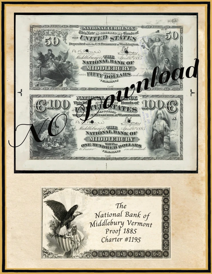 COPY 1885 Proof  $50-$100  The National Bank of Middlebury Vermont #1195 - Image 1 of 1