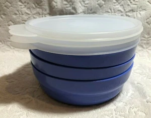 Recent TUPPERWARE; Set-of-3 2415A Ocean-Blue Cereal-Bowls w White Seals 2541A - Picture 1 of 12