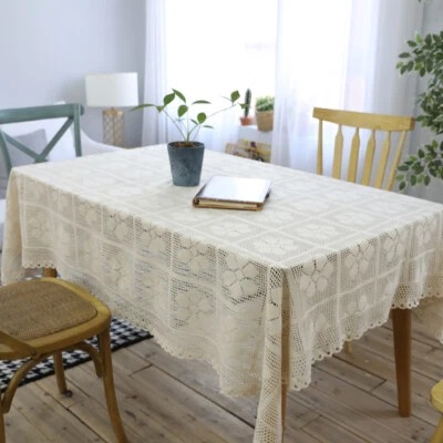 White Lace Crocheted Tablecloth Rectangle Table Cloth Covers Home Decor - Image 1 of 4