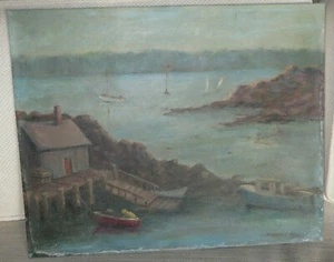 GELISTETE KÜNSTLERIN VIRGINIA A MERRILL ÖLGEMÄLDE GRANIT PIER ROCKPORT 1979 - Bild 1 von 10