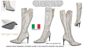 Sergio Rossi Women’s Python Silver 9 cm Stiletto Pointed Toe Boots: Size EU 38.5 - Picture 1 of 9