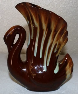Brown Drip Glaze Pottery Swan Fan Vase Planter Vintage Mid Century 6" tall - Picture 1 of 11