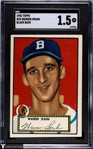 1952 Topps #33 Braves HOF Warren Spahn Baseball Card SGC 1.5 FR - Black Back - Picture 1 of 2