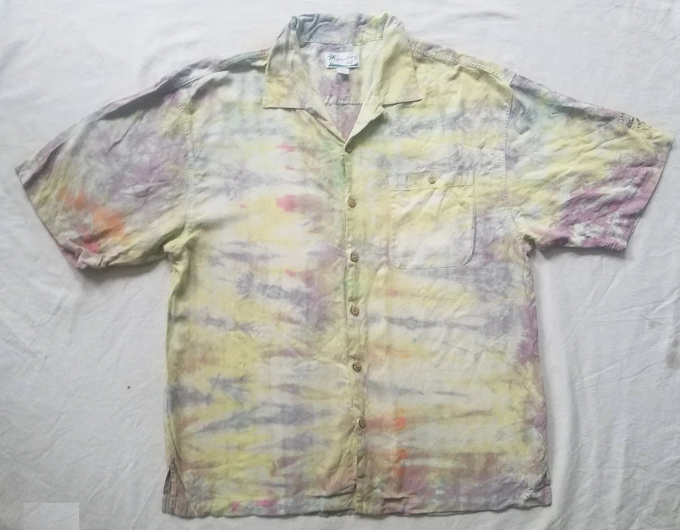 Camisa de seda tie dye amarilla gris a rayas manga corta abotonada - grande hecha a mano Foto 1 de 4