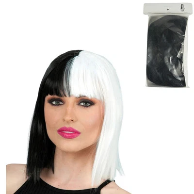 TOPTEN Schwarz Weiß Perücke Schulterlang Party Fasching Karneval Junggessellenabschied