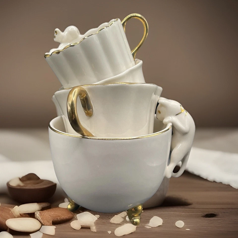 Редкий товар! Фарфоровые мерные чашки Anthropologie для кошек и мышей, набор из 4 золотых - Изображение 1 из 4