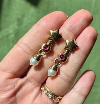 14K Gold Vior Italy Star Dangle Earrings – 8.7g, Synthetic Pearls & Ruby Accents - Image 1 of 4