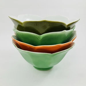 Vintage Lotus Flower Side dish Dessert Bowls Set of 4 Green & Orange Japan - Picture 1 of 13