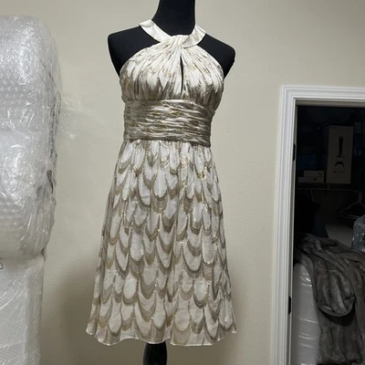 Vestido halter Aidan Mattox para mujer seda gasa marfil metálico ojo de cerradura talla 4 Foto 1 de 4