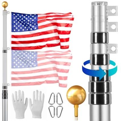 30FT Telescopic Flagpole Kit Heavy Duty Aluminum Flag Pole American Silver - Image 1 of 4