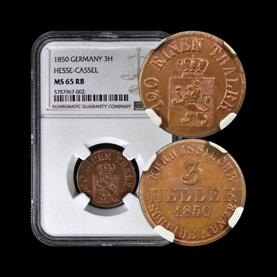 GERMANY. 1850, 3 Heller - NGC MS65 - Top Pop 🥇 Hesse-Cassel, Friedrich Wilhelm - Image 1 of 4