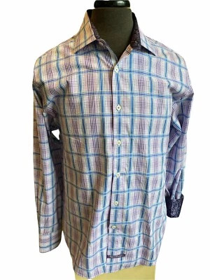 英国洗衣紫色/蓝色翻盖袖口格子佩斯利衬衫男式 16 34/35 — 第 1/4 张图片