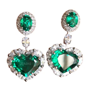 Heart Oval Simulated Emerald & Diamond Dangle Art Earrings 14k White Gold Silver - Picture 1 of 11
