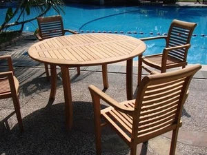 5-Piece Outdoor Teak Dining Set: 48" Round Table, 4 Stacking Arm Chairs Masc - Picture 1 of 9