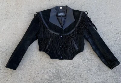 Chaqueta de cuero vintage con flecos recortados de galería para mujer talla XL corta negra Foto 1 de 4