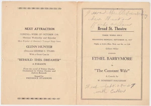 1927 Playbill Ethel Barrymore The Constant Wife Broad Street Theatre Program VTG - Picture 1 of 2
