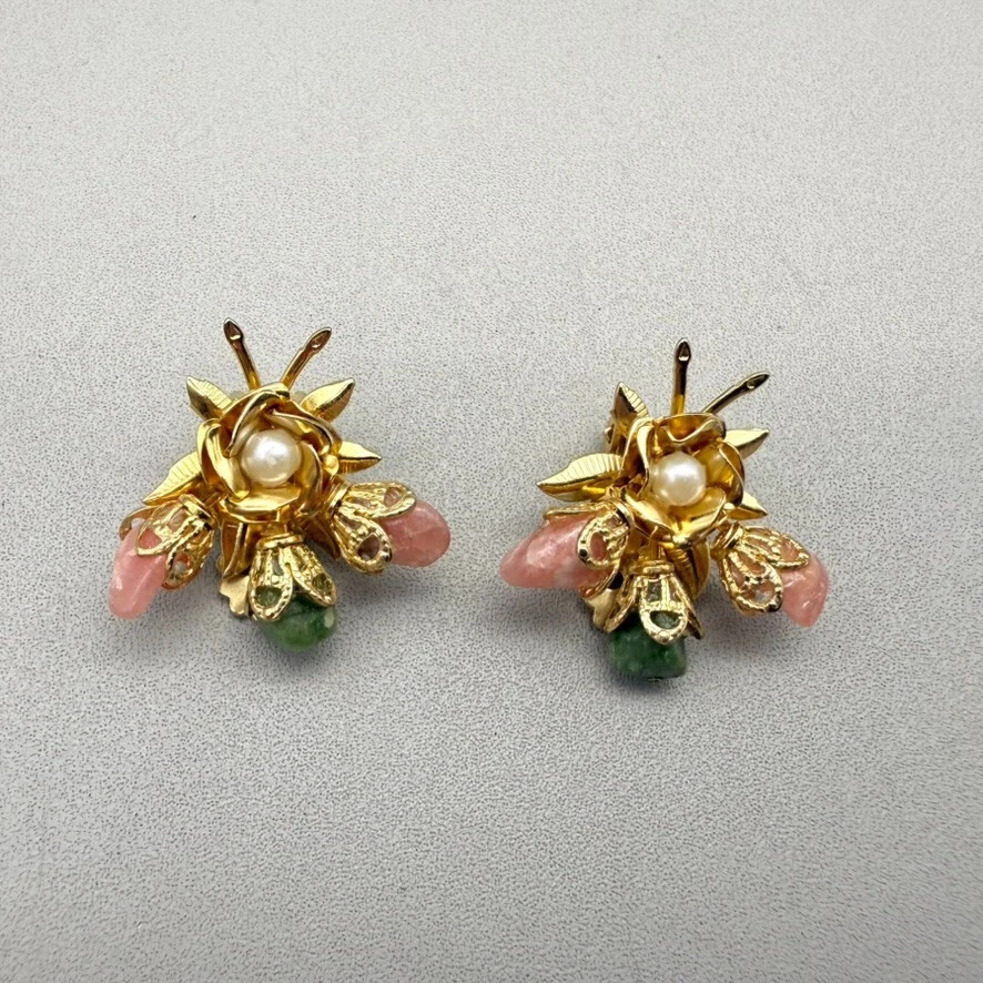 Vintage Earrings Clip On Pink Quartz Green Jade Gold Tone Flowers Faux Pearls 1" - Image 1 of 4