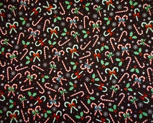 Christmas Fabric 1 1/4 Yard Candy Canes Snow Holly Black Premium Cotton #30 BH - Picture 1 of 2