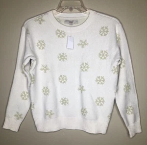 Suéter Loft Mediano Nuevo con Etiquetas Blanco Tejido Dorado Copos de Nieve Cuello Redondo Pullover Elástico - Imagen 1 de 7