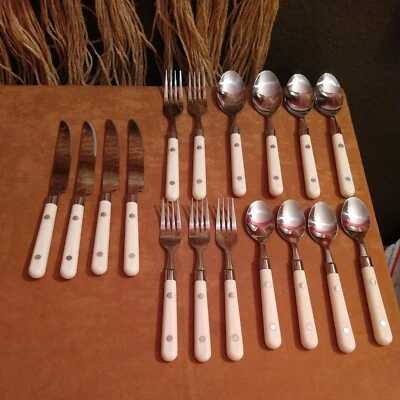 17 PC Set  Mardi Gras Stainless Flatware Cream White Riveted Handles Taiwan - Image 1 of 4