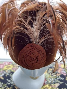 vintage original Rare Claudia De Souza Collection feather hat Auburn Brown - Picture 1 of 10
