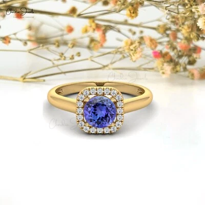 1 CTW Halo Tanzanite & Diamond Engagement Wedding Ring in 14k Solid Gold Jewelry - Image 1 of 4