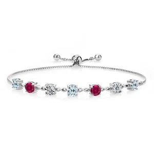 4.11 Ct Round Sky Blue Topaz Red Created Ruby 925 Sterling Silver Bracelet - Picture 1 of 3