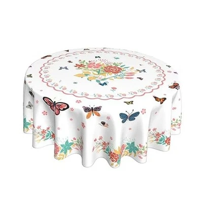 Spring Summer Floral Tablecloth Round 60 Inch Watercolor Butterfly Flower  - Image 1 of 4