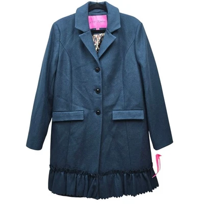 Abrigo de Lana Betsy Johnson Mujer 14 Verde Azulado Joya Botón Festoneado Volantes Femenino NUEVO Foto 1 de 4