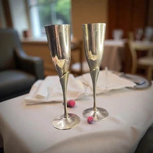 Vintage Brass Champagne Flutes – Pair 9.5" Trumpet Stemware, Minimalist Bar Cart - Picture 1 of 12