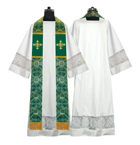 Green Pastor Church Stole with Jerusalem Cross Embroidery | Liturgical Vestment - Picture 1 of 2