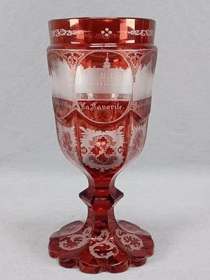 Mid 19th Century German & French Engraved Scenes Ruby Stained Cut Glass Goblet - Image 1 of 4