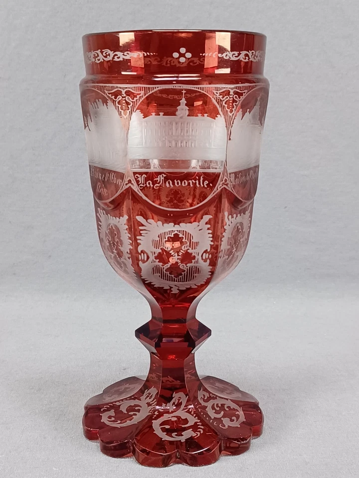 Mid 19th Century German & French Engraved Scenes Ruby Stained Cut Glass Goblet - Image 1 of 4